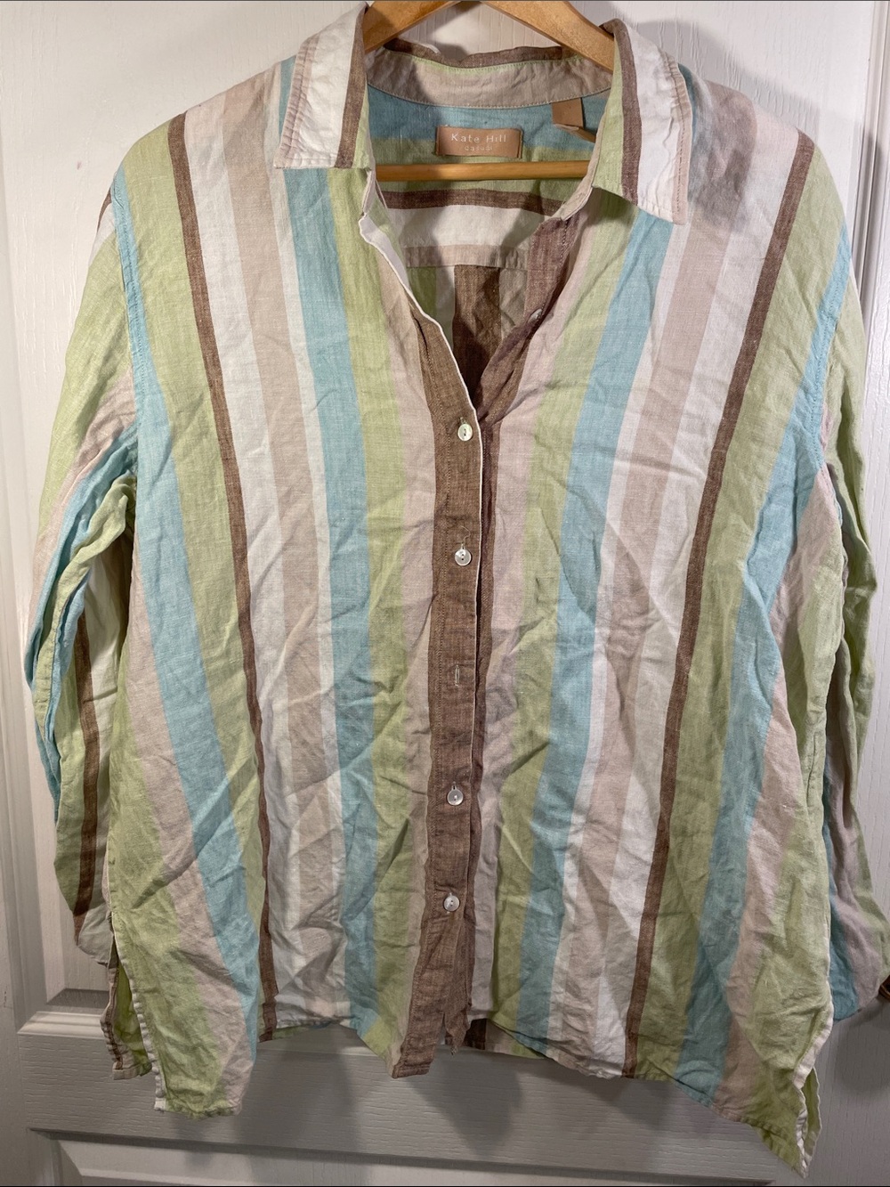 Kate Hill Women’s Striped 100% Linen Button-Down Shirt